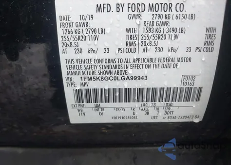 2020 Ford Explorer St из США, поврежденный, VIN 1FM5K8GC0LGA99943